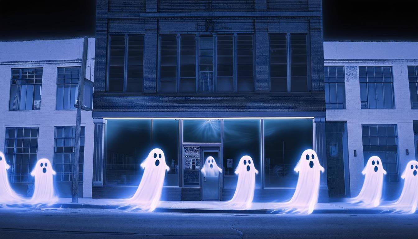 a playful image of a commercial building being haunted by ghosts