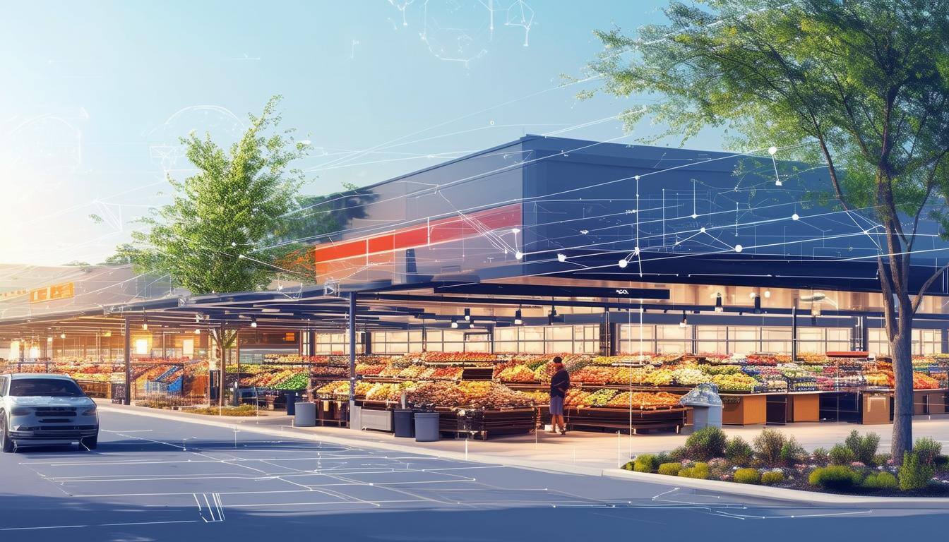 an illustration of an open air grocery anchored retail center with a technology overlay