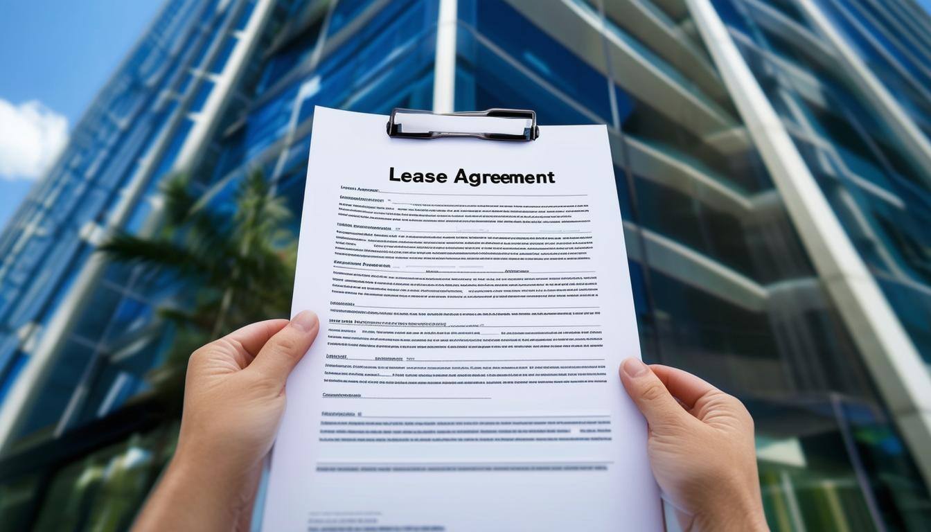 commercial lease agreement in the foreground of an office building